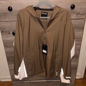 Men ZEGNA Brown and White Hooded Windbreaker